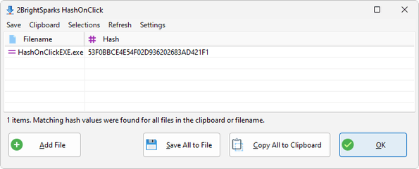 選択していたファイルのハッシュ値が表示される