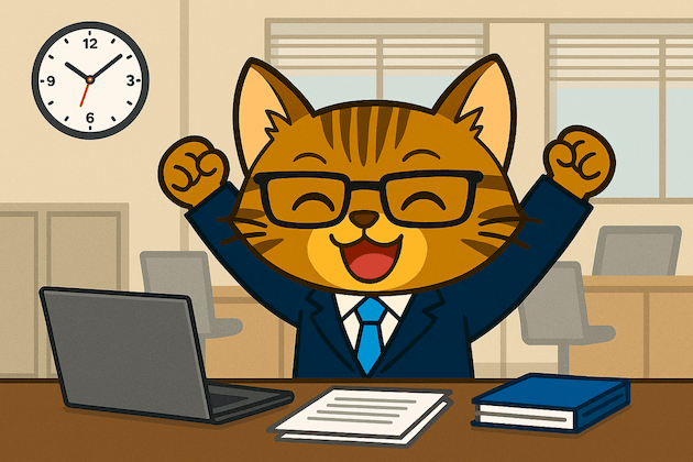 定時（午前 10 時）で帰れる時の k本的キャット君