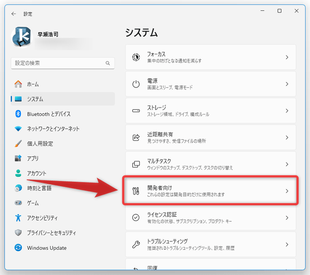 右側の画面で「開発者向け」を選択する