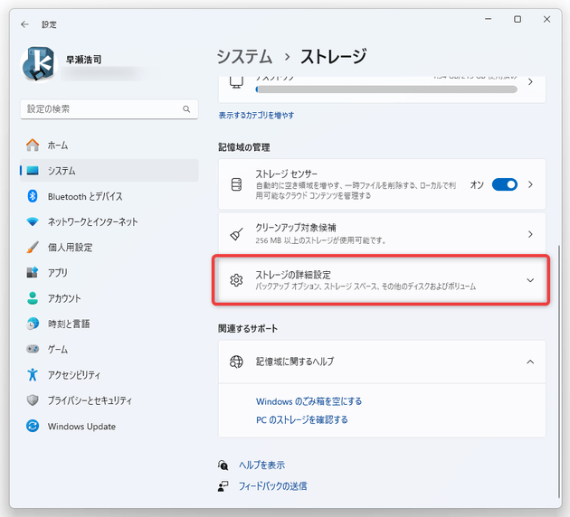 「ストレージの詳細設定」を選択する