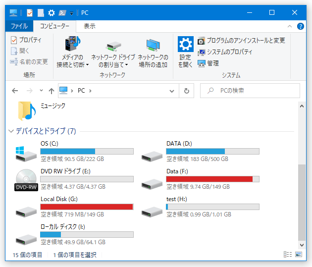 イメージファイルがアンマウントされ、作成されていた仮想ドライブも消去される