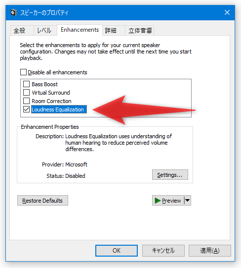 「Loudness Equalization」にチェック → 画面右下にある「OK」ボタンをクリックする