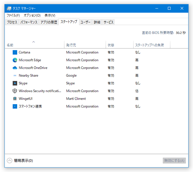 Windows 起動時に自動で起動するように設定されているアプリが、一覧表示される