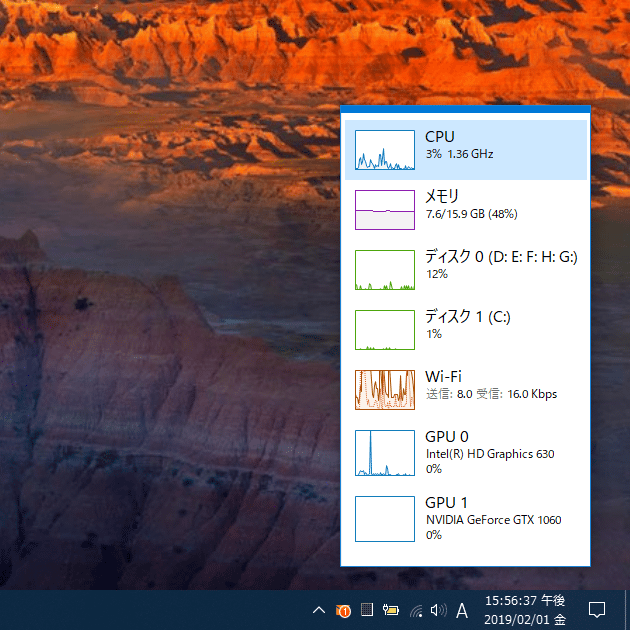 Windows 10 のタスクマネージャーを、システムモニターガジェットのようにして使う方法