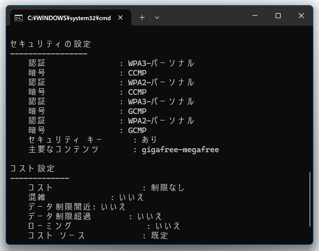 指定された Wi-Fi ネットワークのプロファイルが表示される