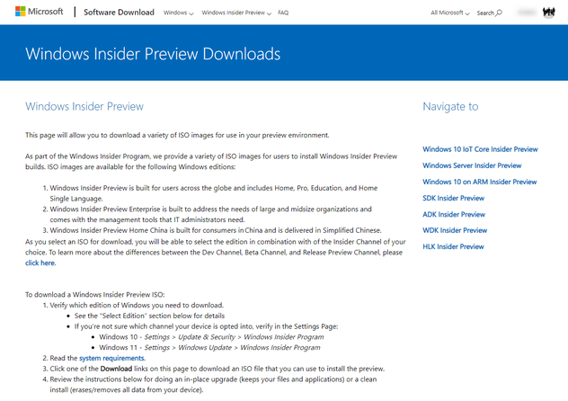 「Windows Insider Preview」の概要解説ページ