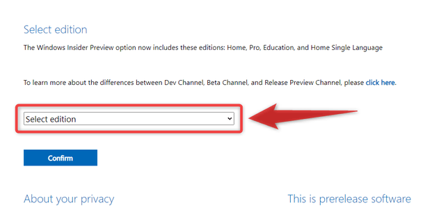 「Select edition」というプルダウンメニューをクリックする