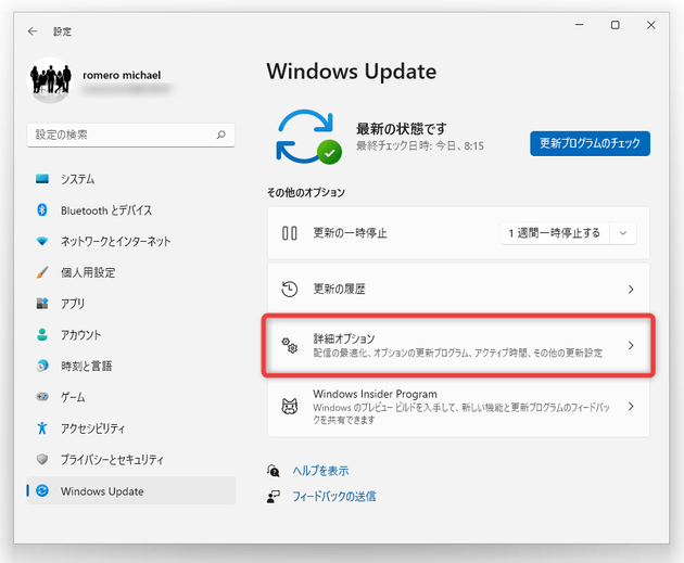 「Windows Update」内の「詳細オプション」を選択する