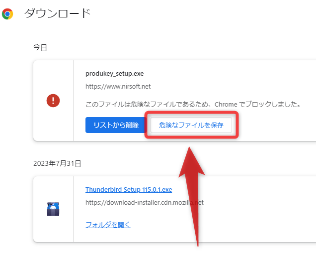 「危険なファイルを保存」ボタンをクリックする