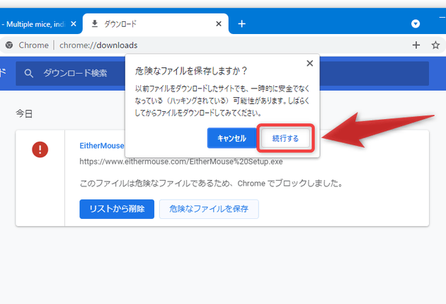 「続行する」ボタンをクリックする
