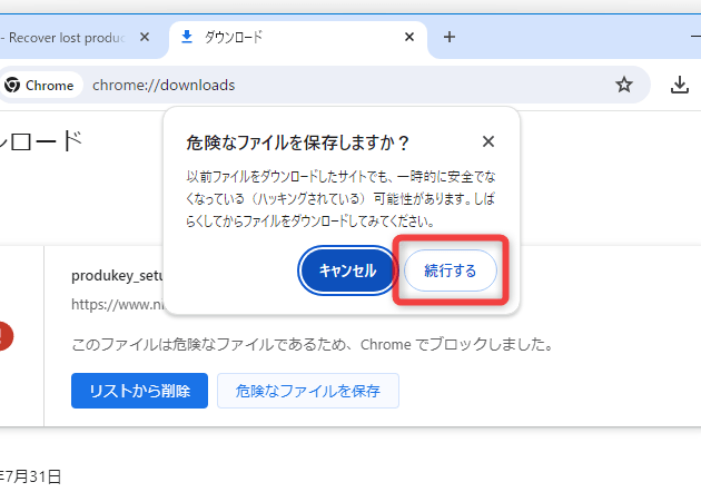 「続行する」ボタンをクリックする