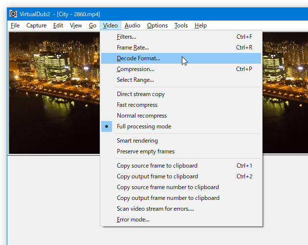 メニューバー上の「Video」から「Decode Format...」を選択する