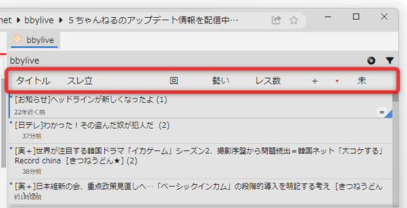 スレッド一覧を、勢い順 / スレ立て時刻順 / タイトル順 / レス数順 等で並び替え