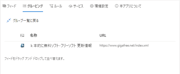 送り先のグループをダブルクリックすることにより、該当のグループに登録されたフィードを一覧表示することができる