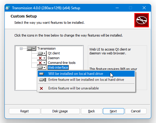 「Web interface」をクリック →「Will be installed on local hard drive」に変更する