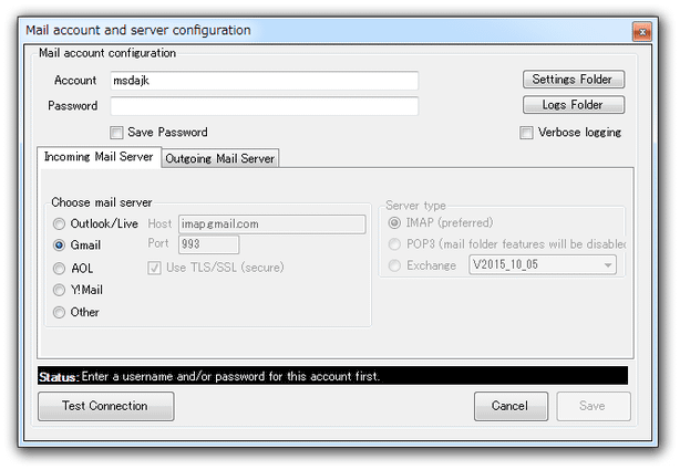 Mail account and server configuration