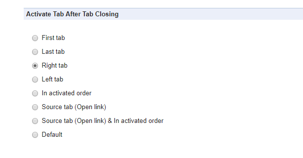 タブを閉じた後にアクティブ化するタブを指定したい時は、「Activate Tab After Tab Closing」欄で設定を行う