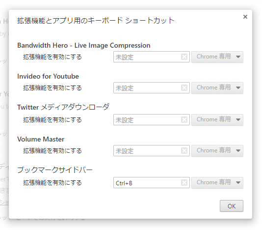 拡張機能とアプリ用のキーボードショートカット