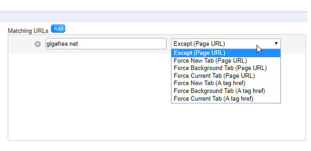 「Matching URLs」欄で、サイトごとに設定を行うこともできる