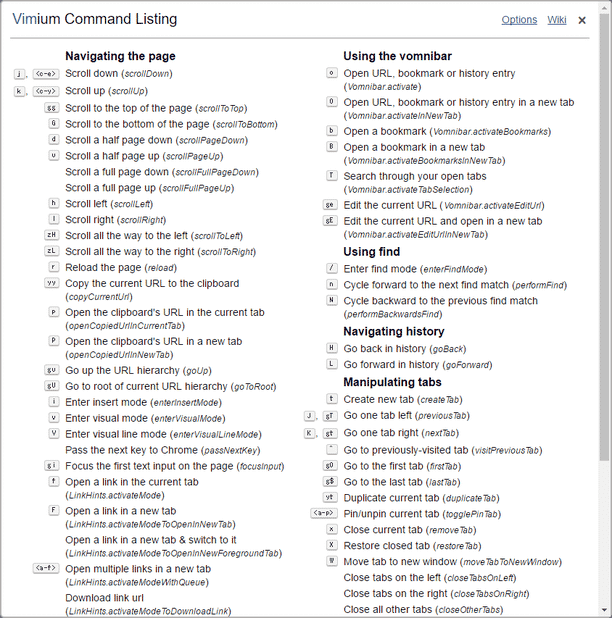 Vimium Command Listing