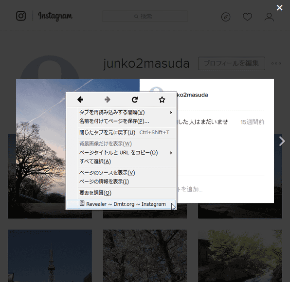 画像を右クリックし、「Revealer ～ Dmtr.org Instagram」を選択