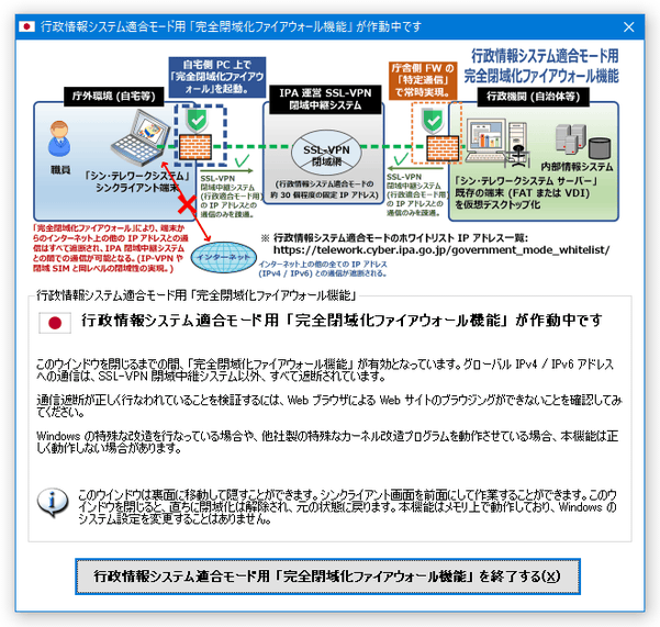 行政情報システム適合モード用「完全閉域化ファイアウォール機能」が作動中です