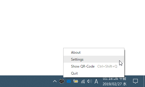 タスクトレイアイコンを右クリックし、「Settings」を選択する
