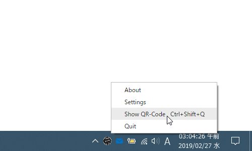 タスクトレイアイコンを右クリックし、「Show QR-Code」を選択してもよい