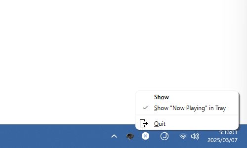 タスクトレイアイコンを、右クリックし、「Show Now Playing in Tray」にチェックを入れる
