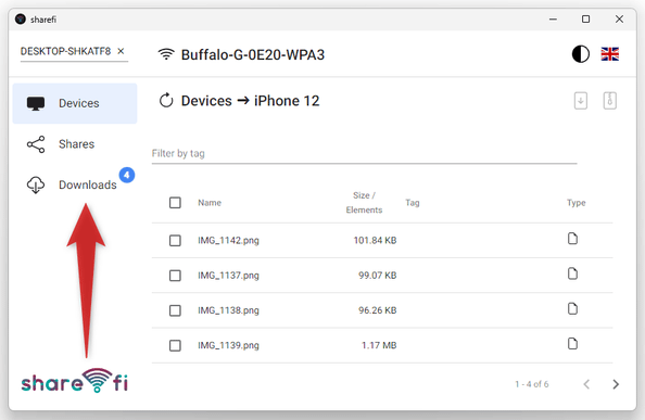 ダウンロードしたアイテムが、左メニュー内の「Downloads」に送られる