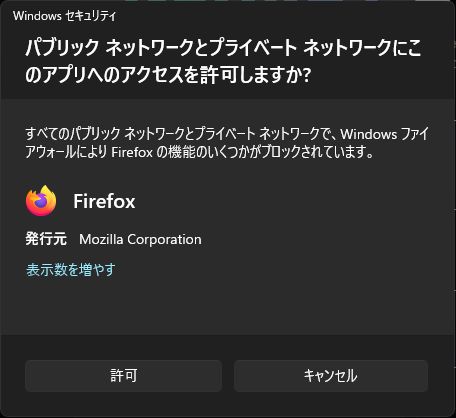 パブリックネットワークとプライベートネットワークにこのアプリへのアクセスを許可しますか？