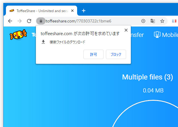 アドレスバー上から「複数ファイルのダウンロード」というポップアップが表示される