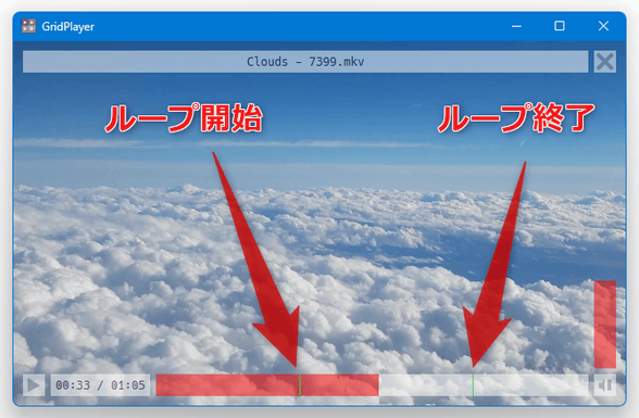 ループ開始地点と終了地点には、シークバー上に緑色のラインが表示される