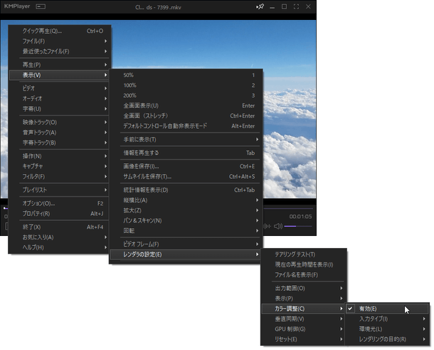 「表示」→「レンダラの設定」→「カラー調整」→「有効」にチェックを入れる