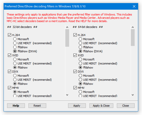 「H.264」および「VC-1」を、「ffdshow (DXVA)」でデコードするように設定する