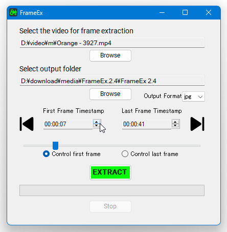 「First Frame Timestamp」欄で切り出す場面の先頭位置を、「Last Frame Timestamp」欄で切り出す場面の末尾を指定しても良い