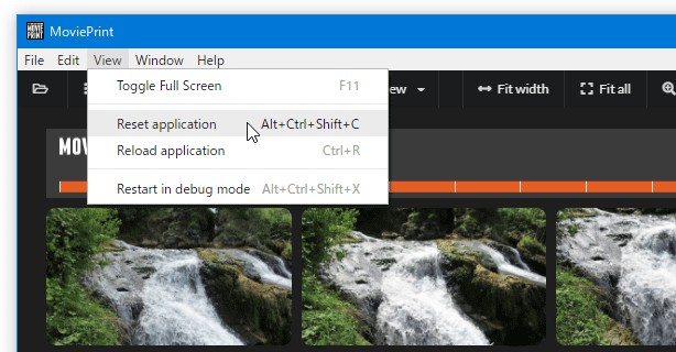 メニューバー上の「View」から「Reset application」を選択すると、アプリケーションの状態を初期化することができる