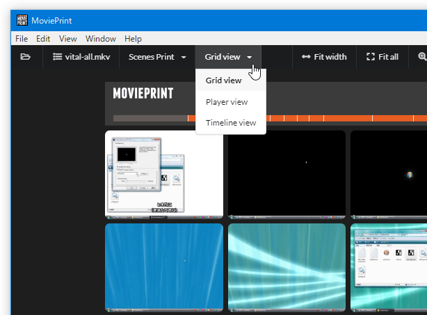 「Grid view」を選択すると、検出された場面を元にサムネイルを格子状に並べることもできる