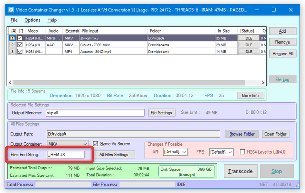 「Files End String」欄で、ファイルの接尾語を指定することもできる