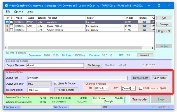 「Output Path」欄で、ファイルの出力先フォルダを指定する