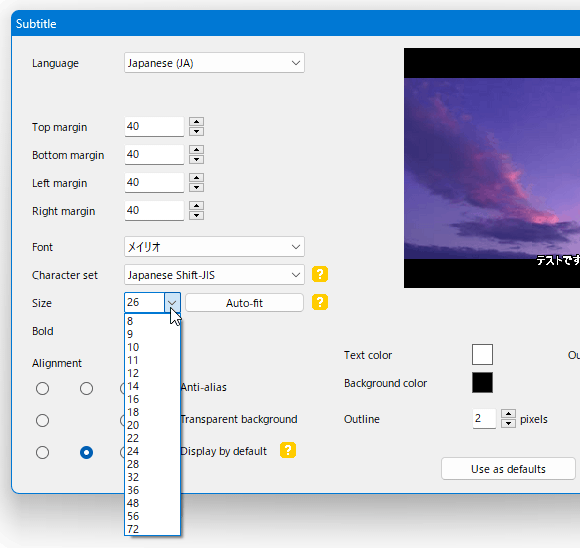 「Size」欄で、字幕のフォントサイズを指定する