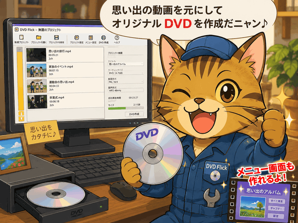 思い出の動画を元に DVD を作成する k本的キャット君