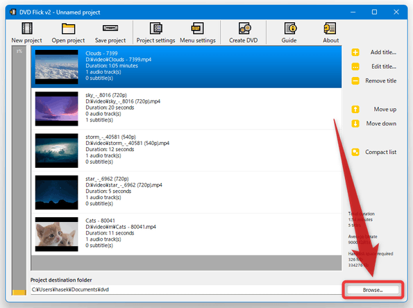 画面右下にある「Browse...」ボタンをクリックし、DVD データの出力先フォルダを指定する