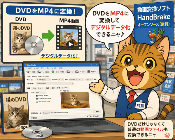 勤務先でお客さんに「HandBrake」の説明をする k本的キャット君