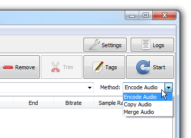 画面右上の「Method」欄で、「Encode Audio」を選択する
