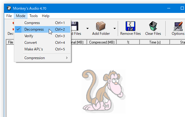 メニューバー上の「Mode」をクリックし、「Decompress」を選択する