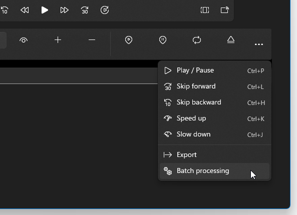 メニューボタンをクリックして「Batch processing」を選択する