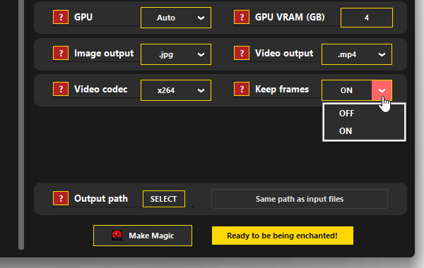 「Keep frames」欄で、フレームの削除を行うかどうかを指定する