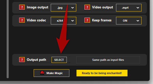 「Output path」欄にある「SELECT」ボタンをクリックし、処理されたファイルの出力先フォルダを指定する