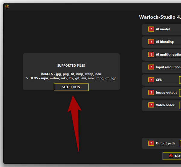 「SELECT FILES」ボタンをクリックし、処理する動画ファイルや画像ファイルを選択する